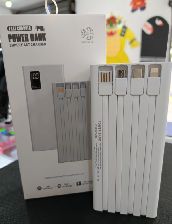 Power Bank de 20000mAh para Carga Rápida con 4 Cables Integrados