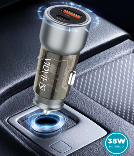 Cargador para Auto Diseño Transparente de Carga Rápida 38W Dual USB + Tipo C   VS-C03