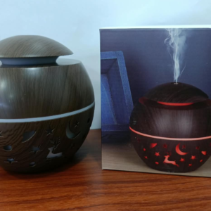 humificador negro JSQ09 Humidificador y Difusor de Aromas Esférico JSQ09 – Acabado Madera Oscura con Luz LED